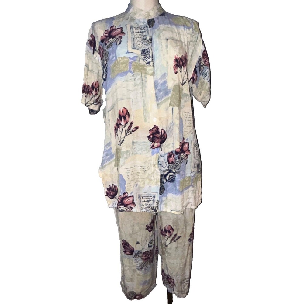 Capacity Women's Vintage 2Pc Set Rose & Letter Print Top+Pants size S Rayon Boho